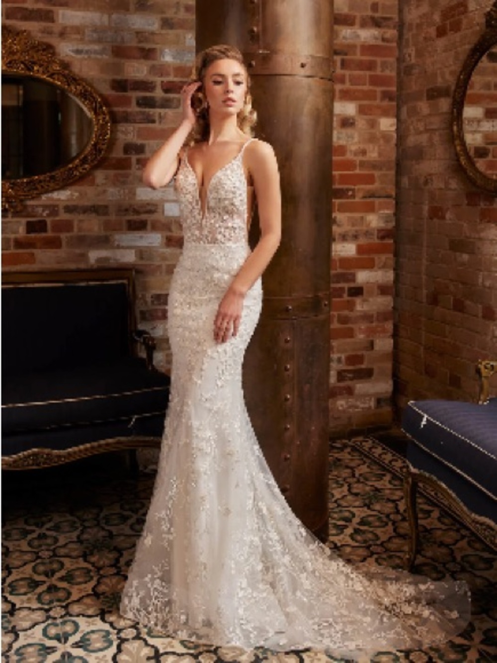 Calla Blanche Embroidered V-neck Ivory Lace Bridal Gown